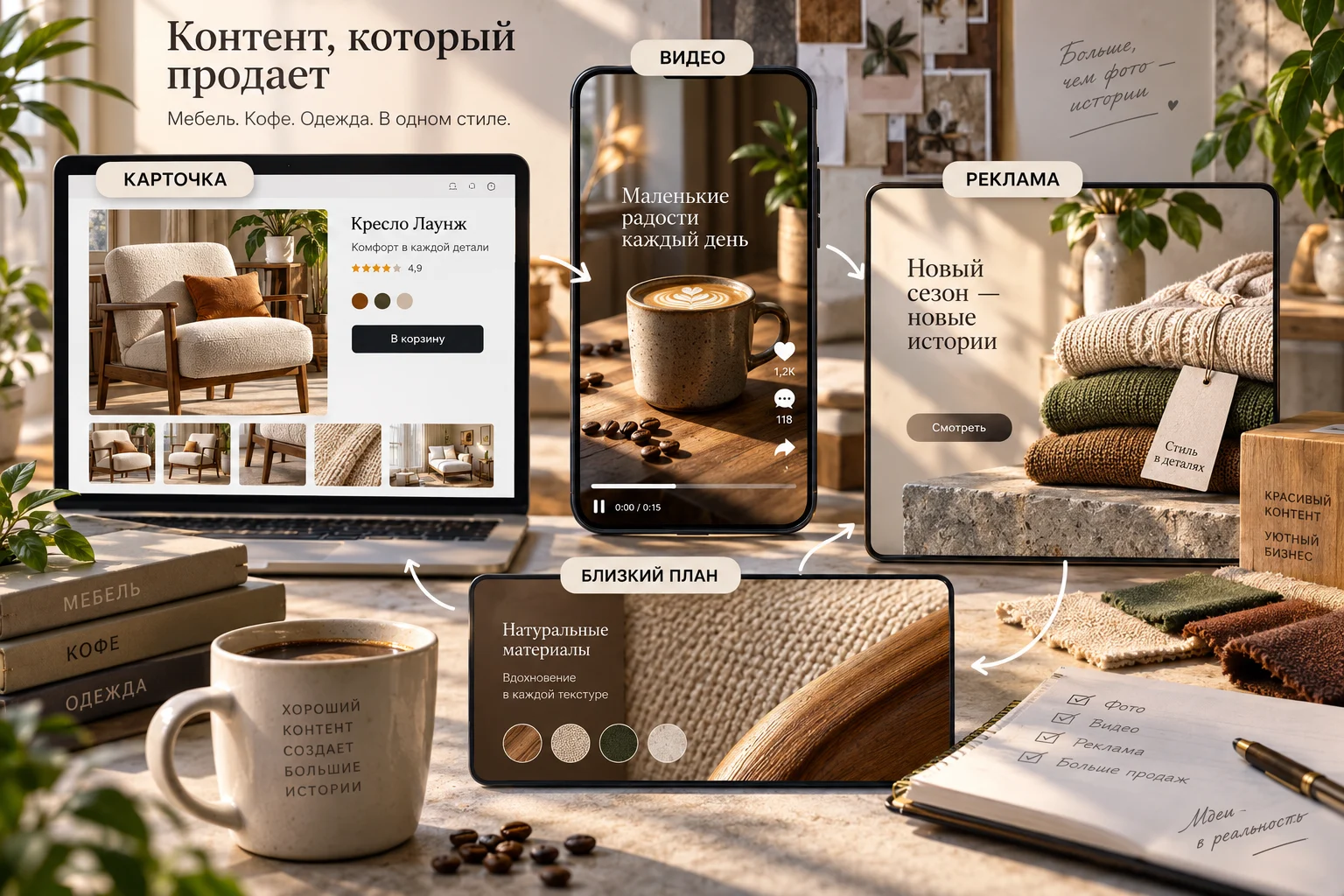 Контент для каналов: Один продукт узнаётся в карточке, видео и рекламе.